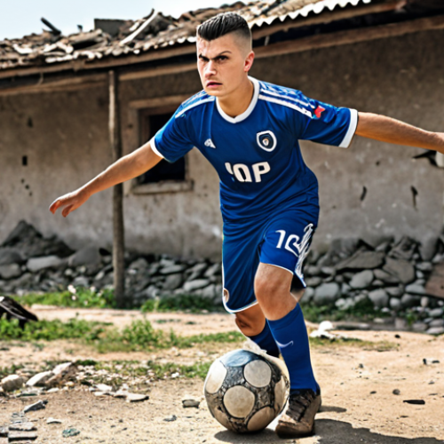 Home 15 A young Granit Xhaka kicking a soccer ball in a war-torn Kosovo, with dreams in his eyes, wearing a tattered jersey, representing hope and resilience.