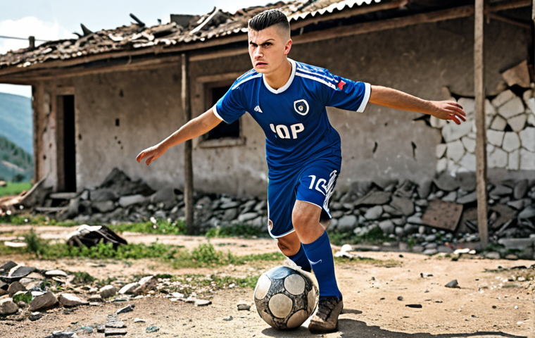 A young Granit Xhaka kicking a soccer ball in a war-torn Kosovo, with dreams in his eyes, wearing a tattered jersey, representing hope and resilience.