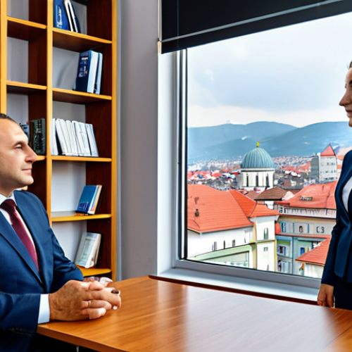Home 14 **
A professional female journalist in Kosovo, fully clothed in modest business attire, interviewing a local politician in a modern office setting. Background includes bookshelves and a city view through a window. Perfect anatomy, correct proportions, natural pose, well-formed hands, proper finger count, natural body proportions, professional photography, high quality, safe for work, appropriate content, family-friendly.
**