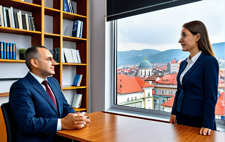 **

A professional female journalist in Kosovo, fully clothed in modest business attire, interviewing a local politician in a modern office setting. Background includes bookshelves and a city view through a window. Perfect anatomy, correct proportions, natural pose, well-formed hands, proper finger count, natural body proportions, professional photography, high quality, safe for work, appropriate content, family-friendly.

**