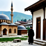 **

"Ancient Kosovan architecture featuring Ottoman influences: a mosque with domes and minarets alongside old houses with wood carvings. Fully clothed people in traditional Kosovan attire. Background: a historical Kosovan city. Safe for work, appropriate content, professional quality, perfect anatomy, correct proportions, fully clothed, modest attire, family-friendly."

**