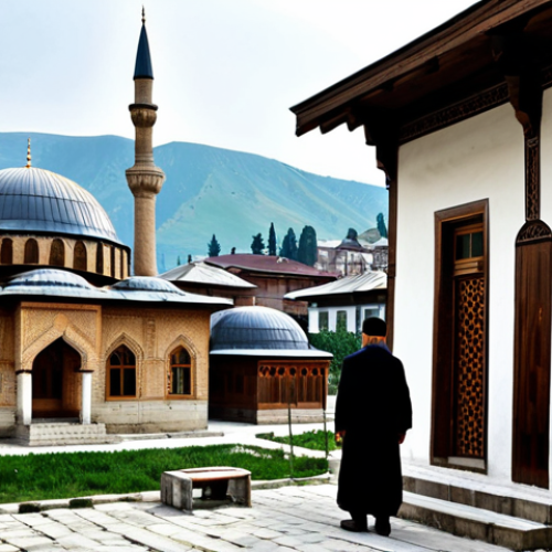 Home 7 **
"Ancient Kosovan architecture featuring Ottoman influences: a mosque with domes and minarets alongside old houses with wood carvings. Fully clothed people in traditional Kosovan attire. Background: a historical Kosovan city. Safe for work, appropriate content, professional quality, perfect anatomy, correct proportions, fully clothed, modest attire, family-friendly."
**