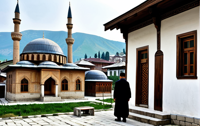 **

"Ancient Kosovan architecture featuring Ottoman influences: a mosque with domes and minarets alongside old houses with wood carvings. Fully clothed people in traditional Kosovan attire. Background: a historical Kosovan city. Safe for work, appropriate content, professional quality, perfect anatomy, correct proportions, fully clothed, modest attire, family-friendly."

**