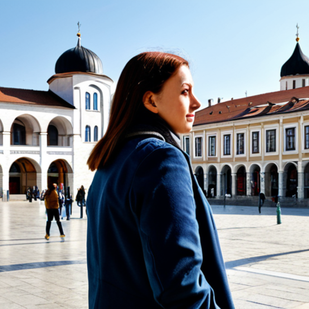 코소보에서 조심해야 할 것 - A fully clothed female tourist in modest attire, observing the architecture of Pristina, Kosovo, dur...