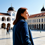 코소보에서 조심해야 할 것 - A fully clothed female tourist in modest attire, observing the architecture of Pristina, Kosovo, dur...