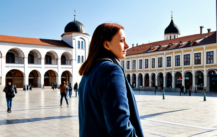 코소보에서 조심해야 할 것 - A fully clothed female tourist in modest attire, observing the architecture of Pristina, Kosovo, dur...