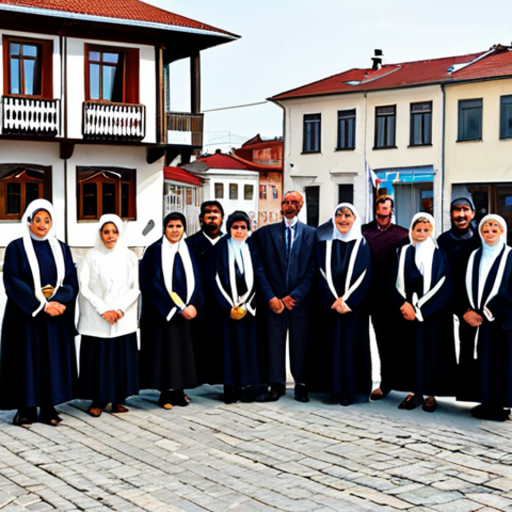 코소보 독립 과정 - **

"A professional photograph of a diverse group of people in Kosovo, fully clothed in modest, ever...