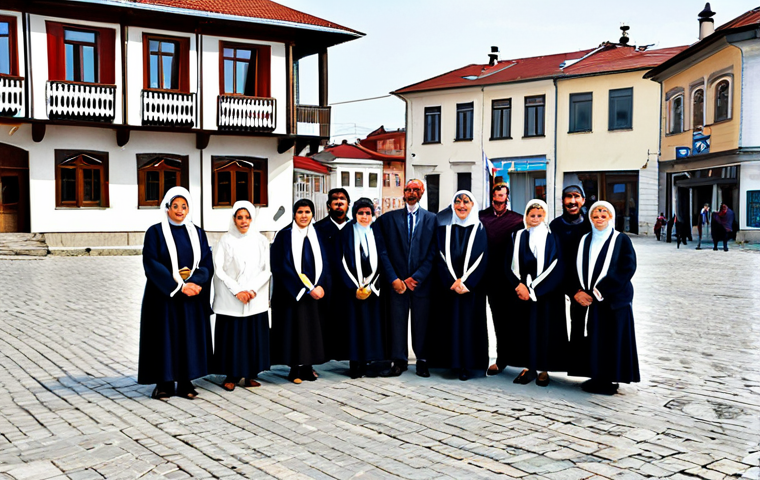 코소보 독립 과정 - **

"A professional photograph of a diverse group of people in Kosovo, fully clothed in modest, ever...