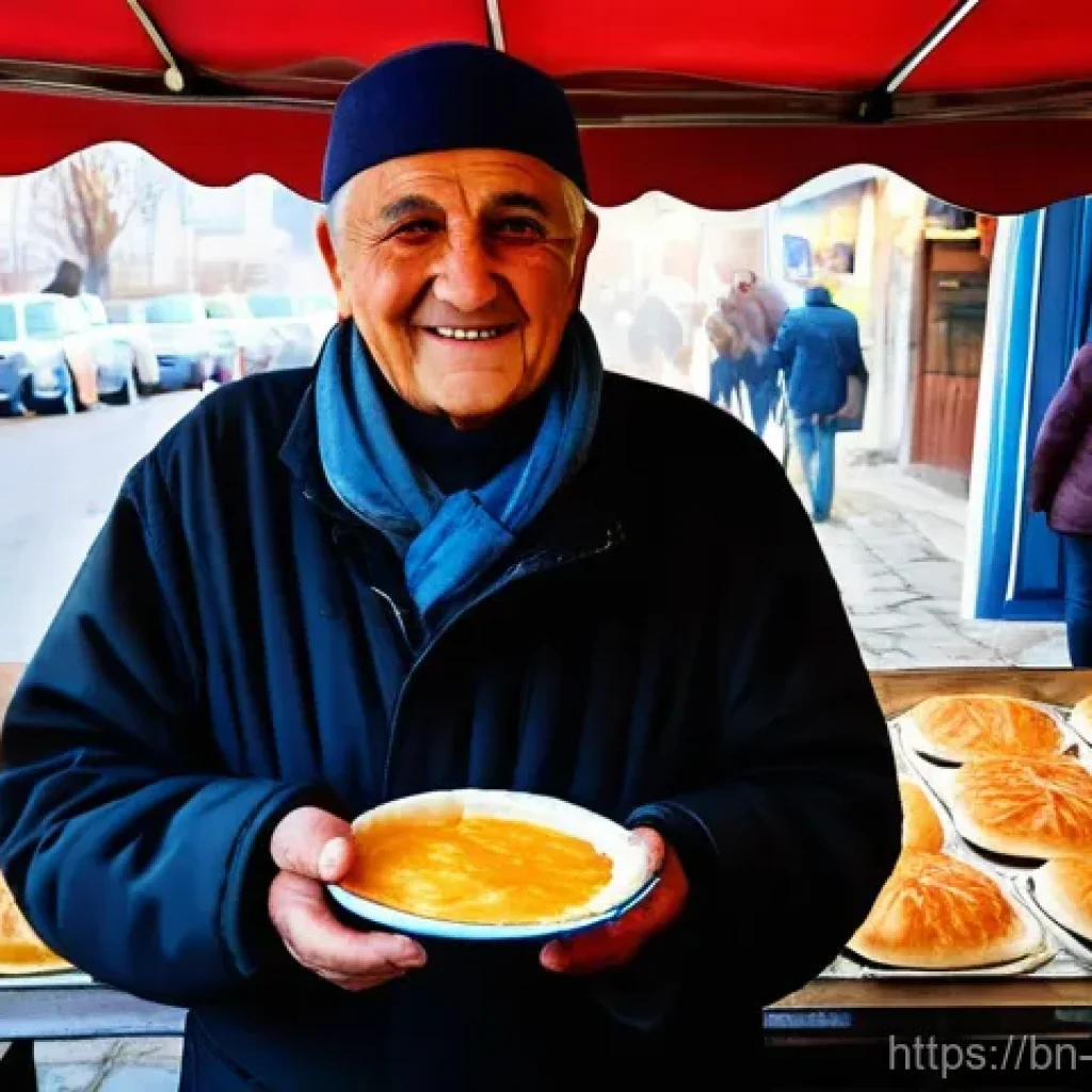 코소보에서 길거리 음식 먹기 - **"A cozy morning scene at a traditional Kosovan street food stall in Pristina. Focus on a freshly b...
