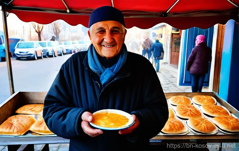 코소보에서 길거리 음식 먹기 - **"A cozy morning scene at a traditional Kosovan street food stall in Pristina. Focus on a freshly b...