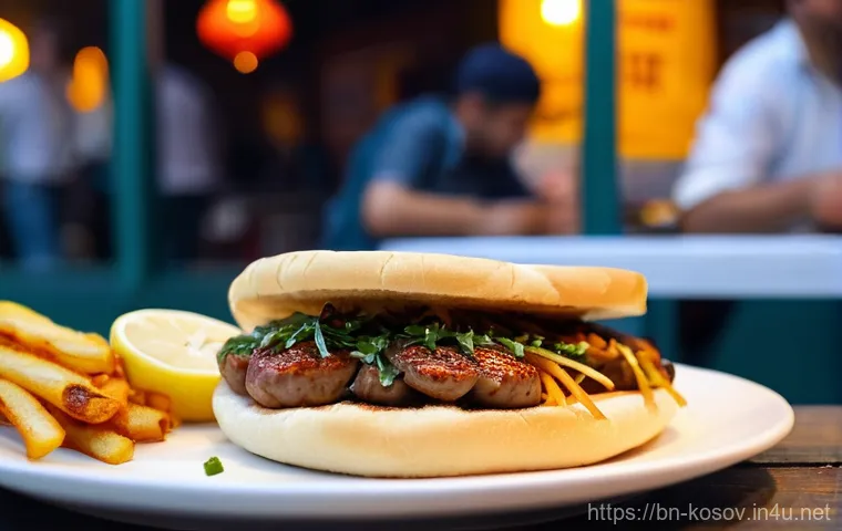 코소보에서 길거리 음식 먹기 - **"A cozy morning scene at a traditional Kosovan street food stall in Pristina. Focus on a freshly b...