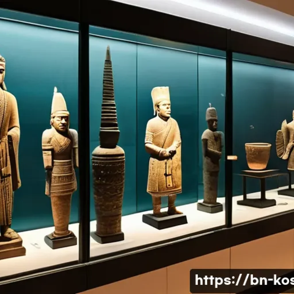 코소보 국립박물관 - A detailed museum exhibit scene showcasing ancient Kosovar artifacts: stone weapons, clay pots, and ...