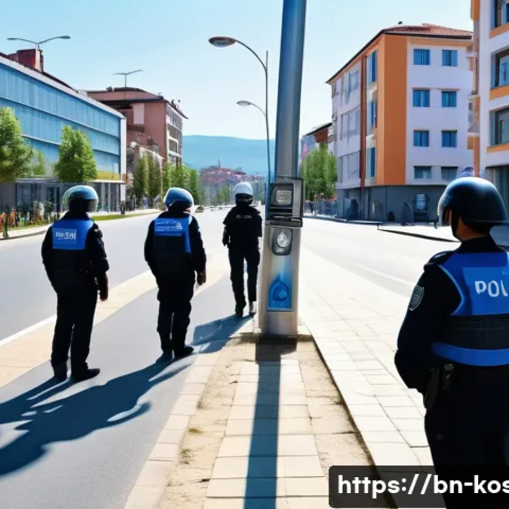 코소보 치안 비교 - A modern urban police scene in Kosovo showcasing a diverse group of police officers wearing contempo...