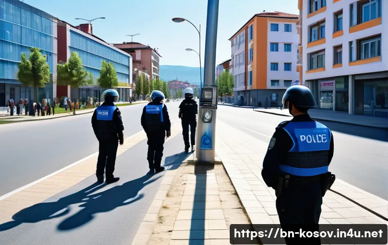 코소보 치안 비교 - A modern urban police scene in Kosovo showcasing a diverse group of police officers wearing contempo...