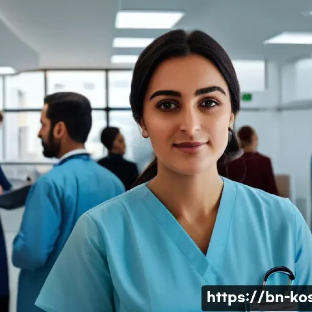 코소보에서 의사와 상담하기 - A modern Kosovo private hospital interior showing a busy reception area with multilingual staff, inc...
