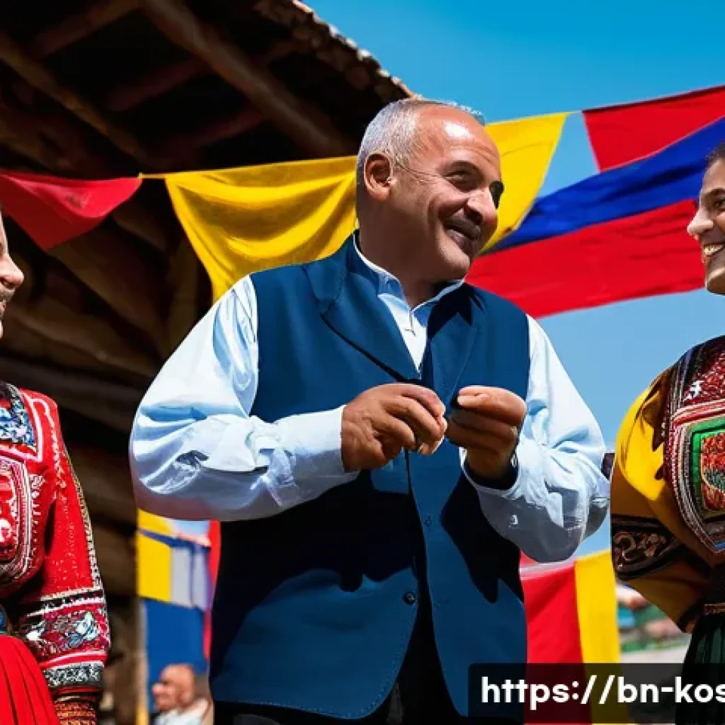 코소보에서 알바니아어 배우기 - A vibrant scene at a traditional Kosovo cultural festival, featuring a diverse group of people engag...