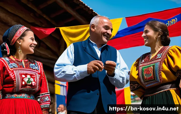 코소보에서 알바니아어 배우기 - A vibrant scene at a traditional Kosovo cultural festival, featuring a diverse group of people engag...