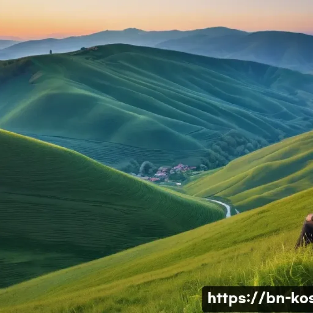 코소보에서 촬영하기 좋은 명소 - A serene mountain landscape in Kosovo during sunrise, featuring lush green hills gently rolling unde...