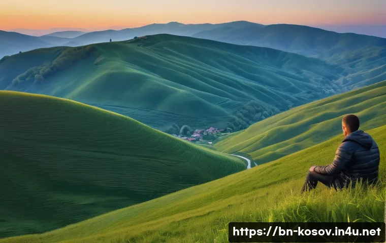 코소보에서 촬영하기 좋은 명소 - A serene mountain landscape in Kosovo during sunrise, featuring lush green hills gently rolling unde...