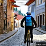 Home 19 코소보에서 자전거 대여하기 - A detailed scene of a cyclist wearing a helmet, light-weight jacket, gloves, and sunglasses riding a...