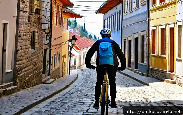 코소보에서 자전거 대여하기 - A detailed scene of a cyclist wearing a helmet, light-weight jacket, gloves, and sunglasses riding a...
