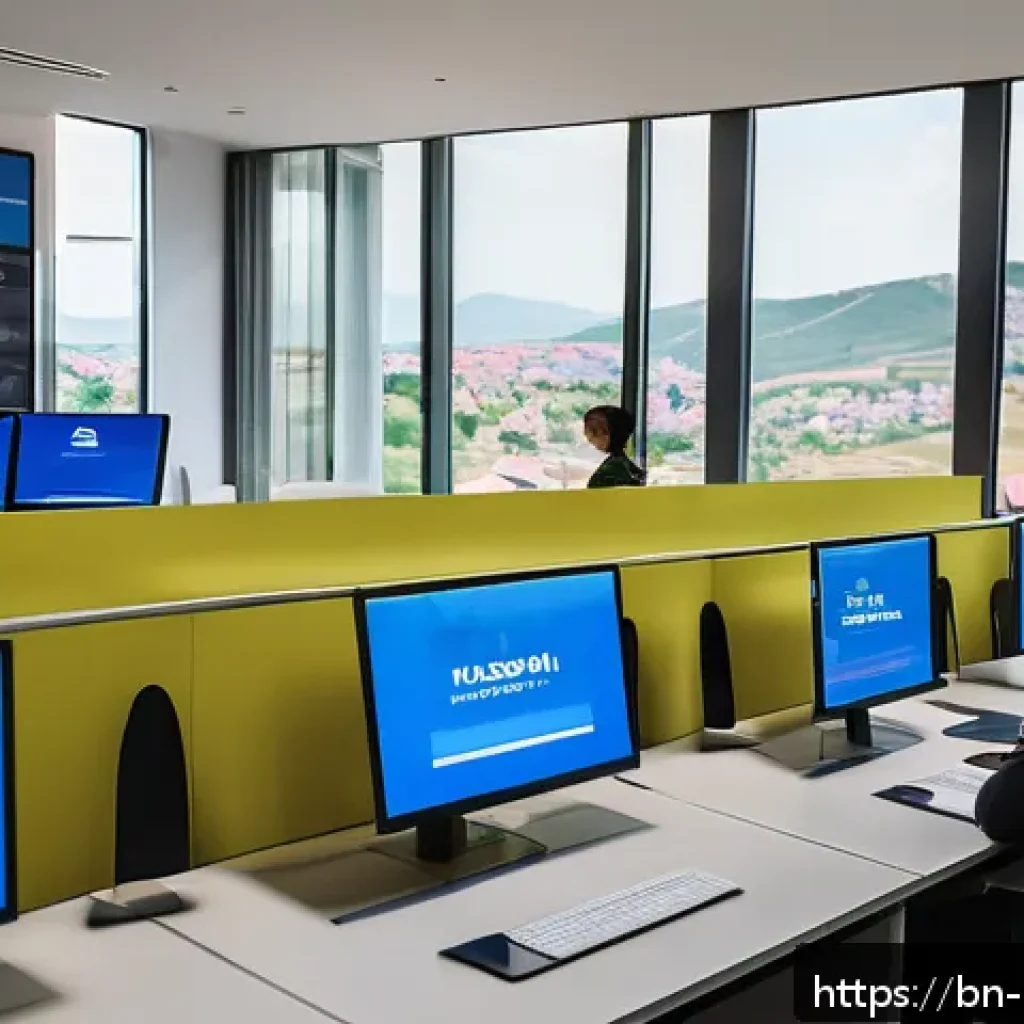 코소보에서 외국인 투자 규제 - A modern digital business registration office in Kosovo, featuring a sleek, futuristic interior with...