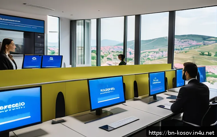 코소보에서 외국인 투자 규제 - A modern digital business registration office in Kosovo, featuring a sleek, futuristic interior with...