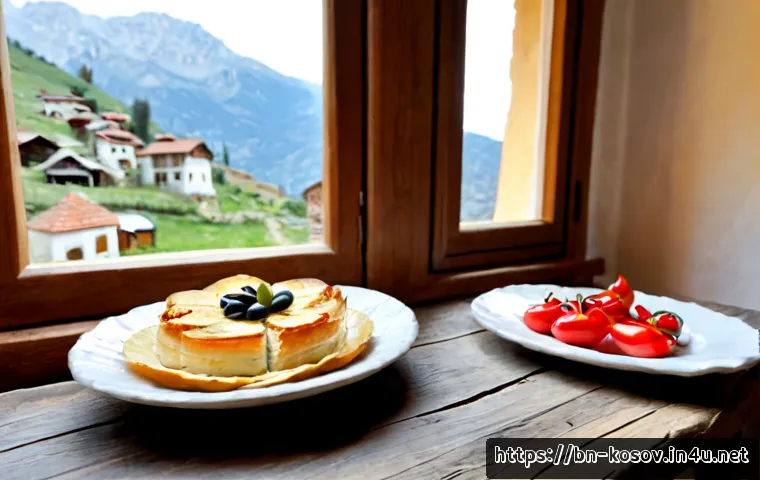 코소보 지역 특산물 - Photorealistic rustic Kosovo breakfast table featuring freshly layered flija pastry slices, creamy w...