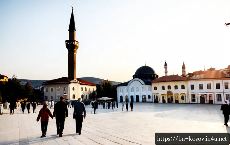 Home 17 코소보 종교 구성 - Photorealistic wide-angle view of a peaceful Kosovo town at golden hour, an elegant mosque minaret a...